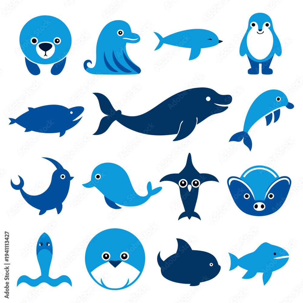 Naklejka premium Collection of Blue Ocean Animals Vector Icons on White Background