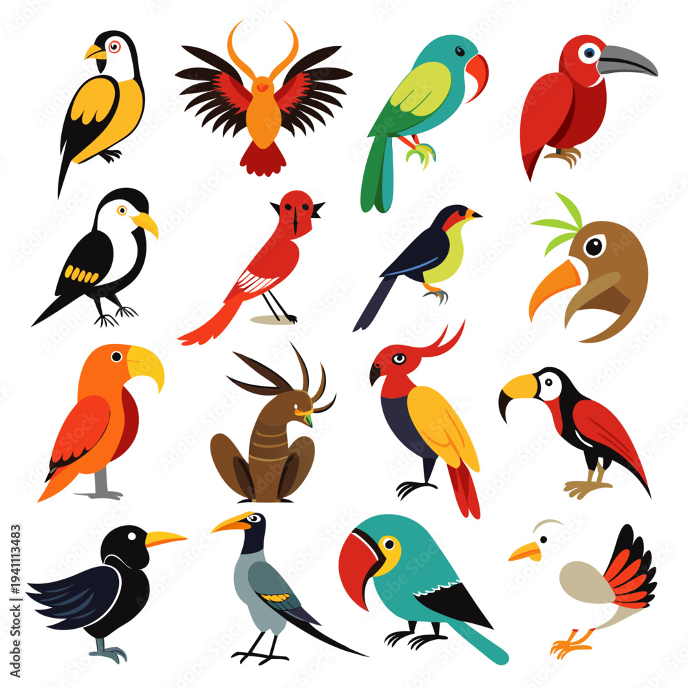 Fototapeta premium Collection of colorful cartoon birds isolated on white background