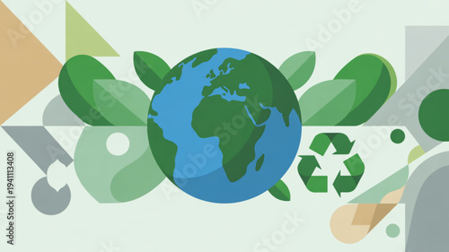 Earth surrounded by leaves and eco friendly symbols representing environmental conservation and sustainability