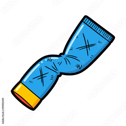 Illustration of a scratched blue tube with yellow cap, isolated on a white background, featuring cartoon style and bold outlines