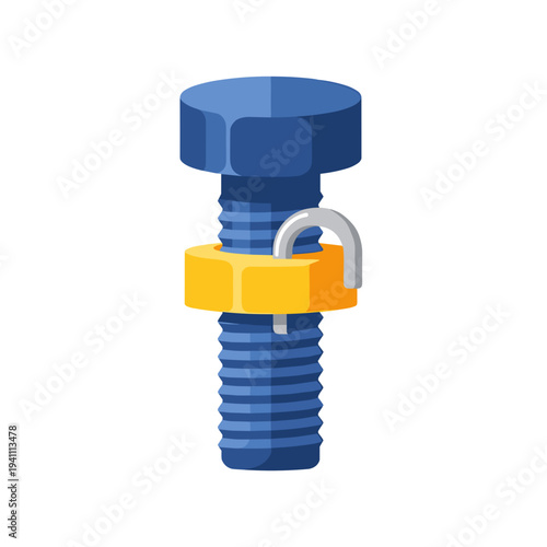 Blue bolt with yellow seal isolated on white background, featuring a detailed illustration with a clean, minimalistic design and sharp contrasts