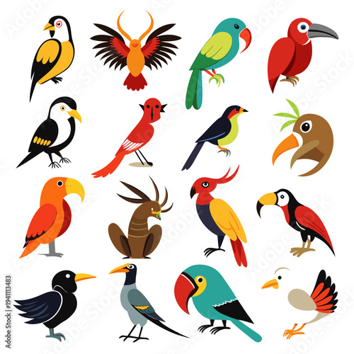 Collection of colorful cartoon birds isolated on white background