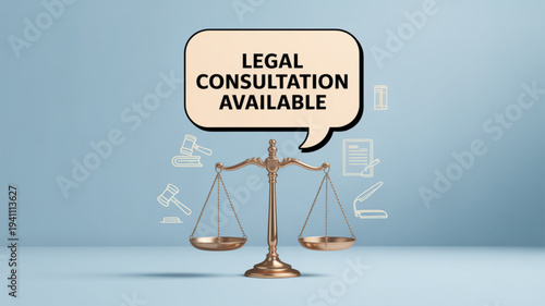 Legal consultation available sign with scales of justice on blue background with law symbols