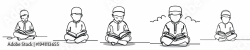 line art of a Muslim little boy sitting reading the Quran front view