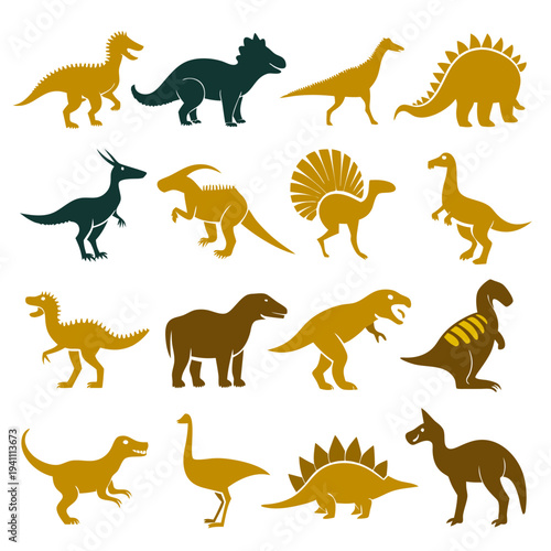 Collection of stylized dinosaur icons in various poses and colors