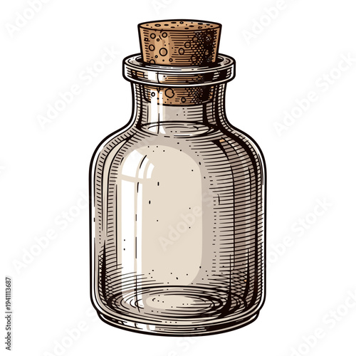 Vintage corked apothecary jar illustration, finely detailed and isolated on a pristine white background