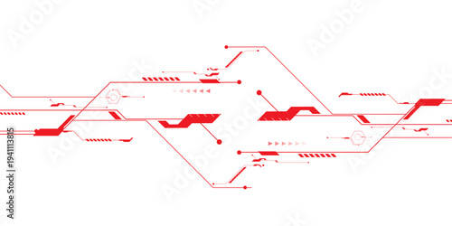 Vector red abstract ON power button in the centre of futuristic circuit board with light glowing wires on technology background.