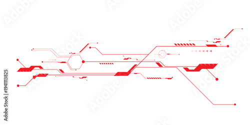 Vector red abstract ON power button in the centre of futuristic circuit board with light glowing wires on technology background.