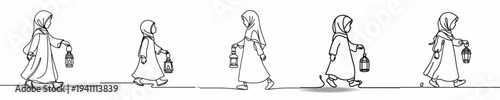 Line art of a Muslim little girl walking holding a Ramadan lantern 