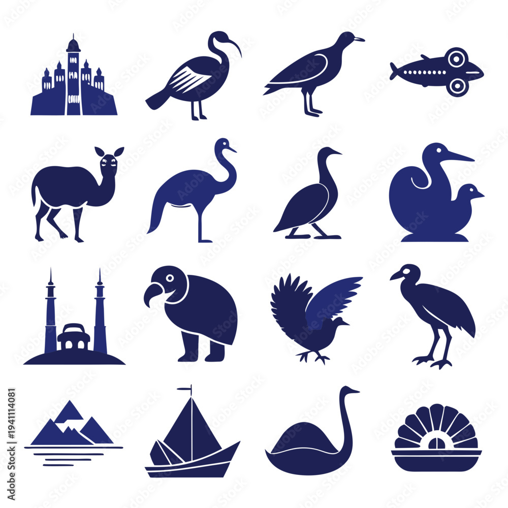 Naklejka premium Collection of Blue Silhouette Icons on a White Background