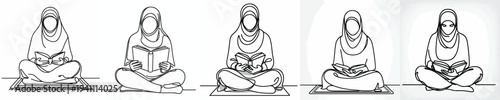 line art of a Muslim woman sitting reading the Quran front view