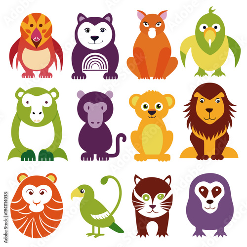 Colorful vector illustration of cartoon animal set on white background