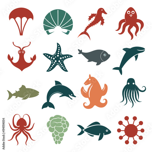 Diverse set of vector icons with underwater marine life