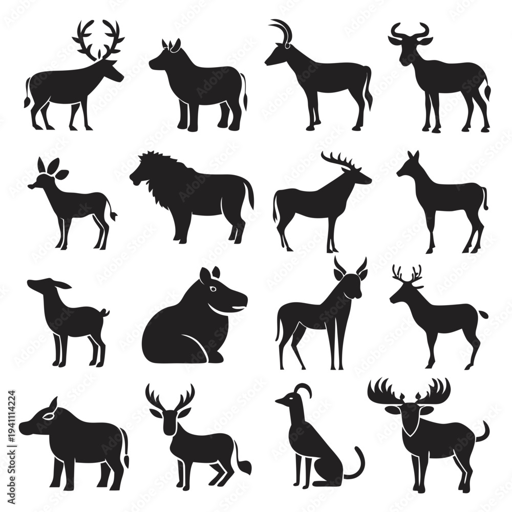 Fototapeta premium Collection of various animal icons with different horn shapes