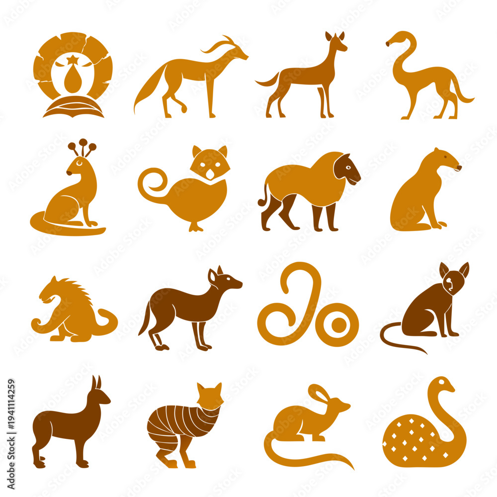 Fototapeta premium Stylized animal icons in geometric shapes brown tones