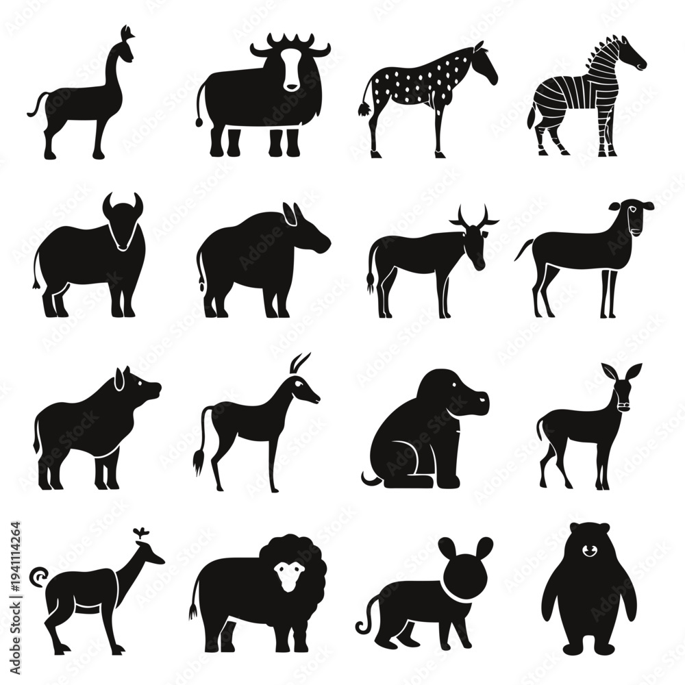 Fototapeta premium Black silhouette collection of various wild and domestic animals