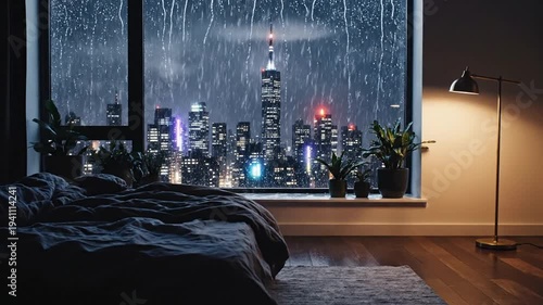 Cozy Bedroom City View Storm.