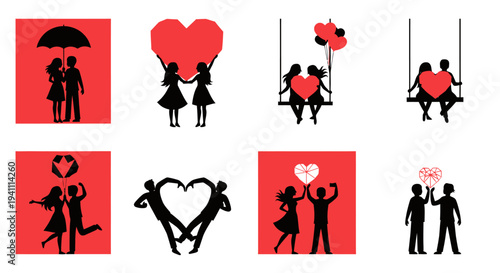 Romantic couples depicted in various poses a heart themed silhouette