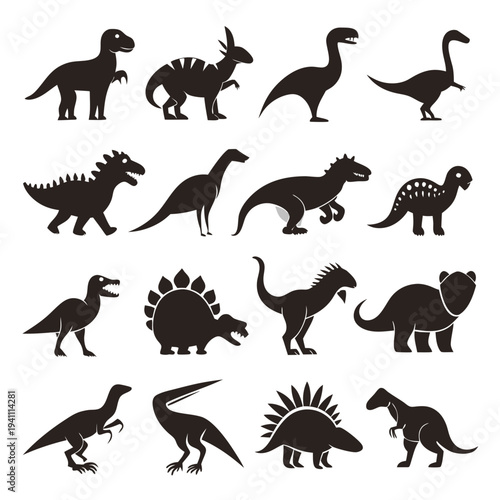 Collection of various dinosaur silhouette illustrations on white background