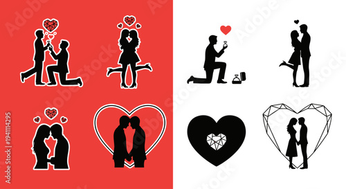Romantic proposal scenes and loving couples depicted in black silhouette