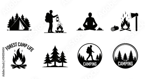 Camping themed icons with trees fire and people a silhouette
