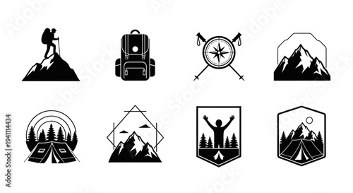 Outdoor adventure icons featuring mountains camping and a hiker silhouette