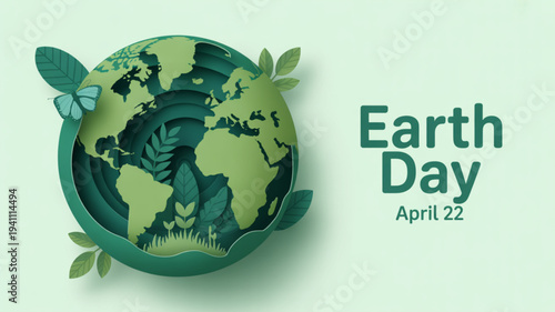 Earth day illustration with green globe and leaves on light green background symbolizing environmental awareness and sustainability on april 22