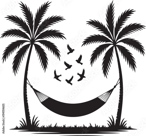 tropical hammock between palm trees silhouette