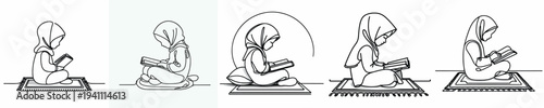 line art of a Muslim little girl sitting reading the Quran side view