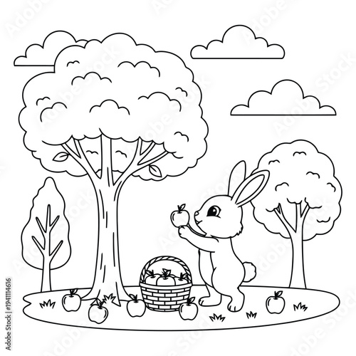 Charming rabbit picking apples under a tree with clouds on transparent background