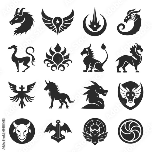 Collection of various mythical creatures and heraldic symbols