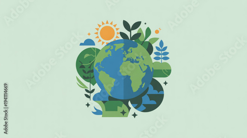 Earth surrounded by eco friendly symbols and plants on a green background representing environmental conservation and sustainability