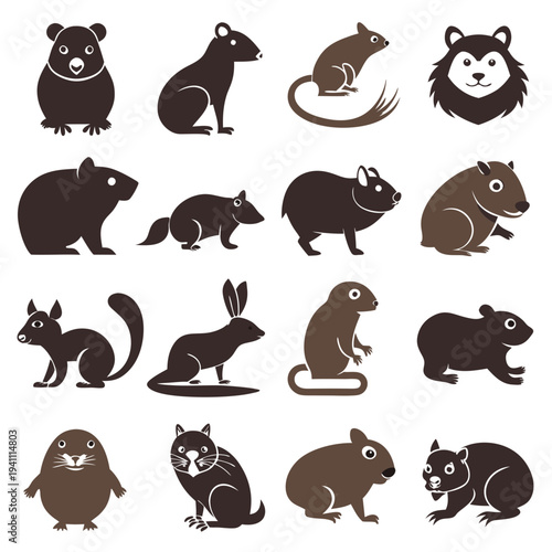 Collection of cartoon animals silhouette icons on white background