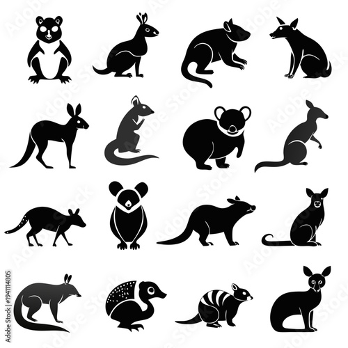 Australian Animals Silhouettes Illustration Isolated on White Background