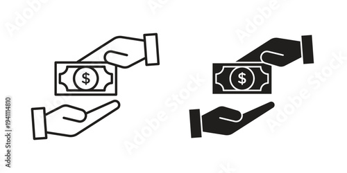 Hand money exchange icon, line pictogram on white.