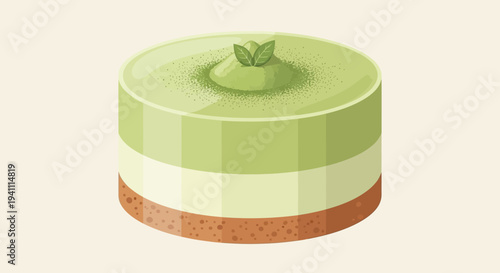 Delicious Matcha Layer Cake with Mint Leaves - Sweet Dessert Food Illustration