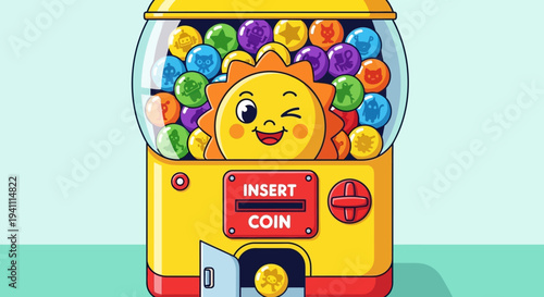 Happy Sun Character Dispensing Colorful Toys from a Gumball Machine