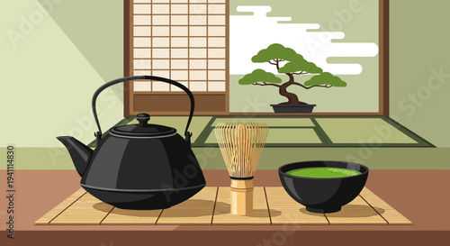 Japanese Matcha Tea Ceremony Set with Bonsai Tree View