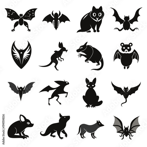 Black and white cartoon animal icons vector design set