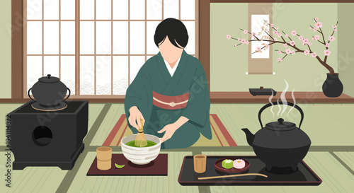 Japanese Woman in Kimono Preparing Matcha Green Tea in Traditional Tea Ceremony