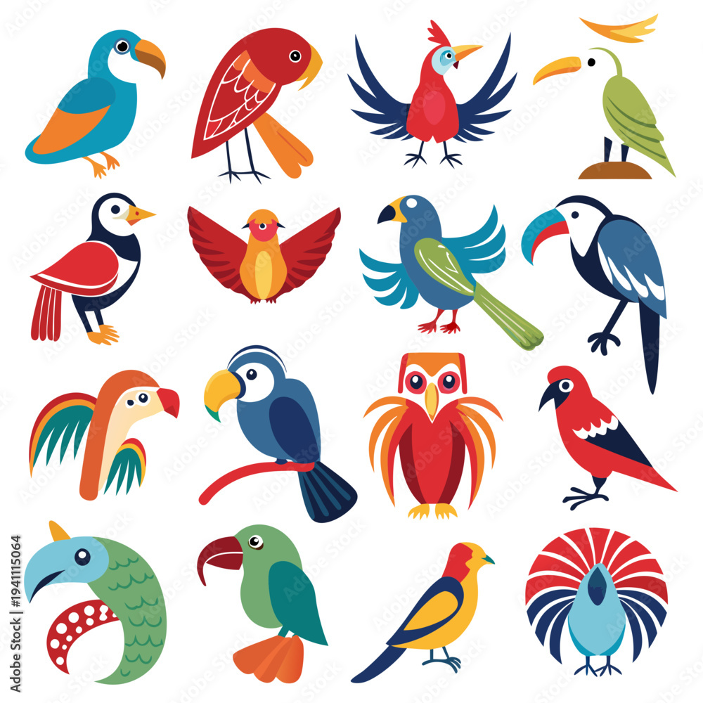 Obraz premium Colorful and playful collection of diverse stylized bird illustrations