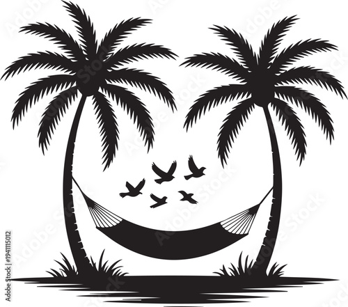 tropical hammock between palm trees silhouette
