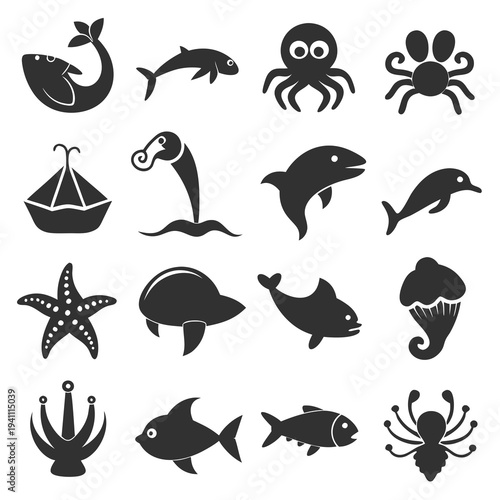 Stylized sea creatures collection illustration in silhouette format