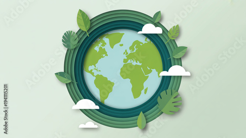 Earth surrounded by green leaves and clouds eco friendly globe illustration with natural elements