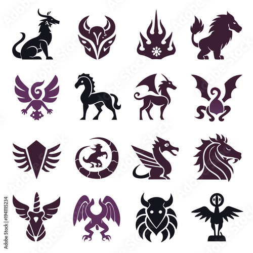 Collection of stylized mythological creatures in flat vector design
