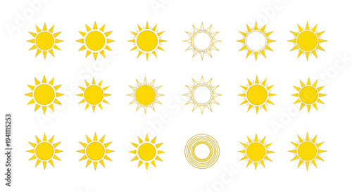 Set of eighteen vibrant yellow sun vector graphic icons for weather and light.