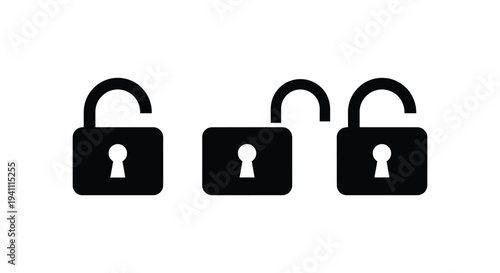 Security concept vector graphic with three open and unlocked black padlock icons.