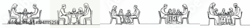 line art of a Muslim family eating at the dining table together