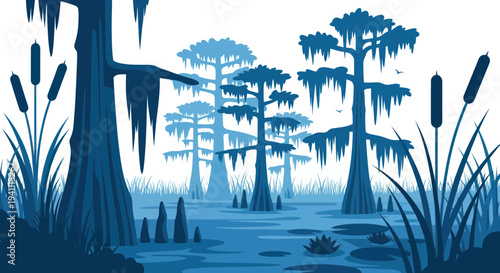 Misty Blue Cypress Swamp Landscape with Spanish Moss and Cattails