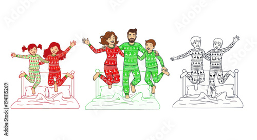 Happy Family Jumping on Bed in Christmas Pajamas